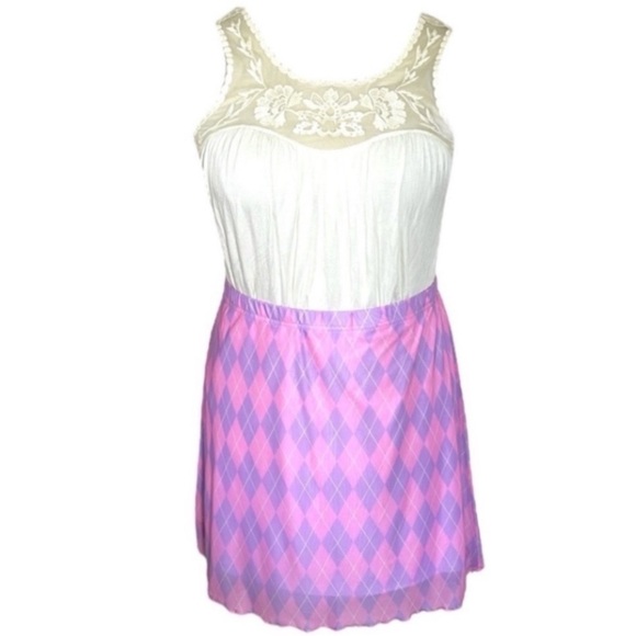 New Sugar Thrillz Mini Skirt Argyle Plaid Powder Pink Violet Skater Lined Preppy - Picture 1 of 17